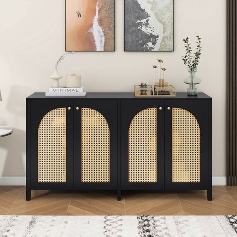 Buffet moderne au style minimaliste, 4 portes en rotin, meuble buffet avec poignées métalliques pour salle à manger, salon. (1/5)
