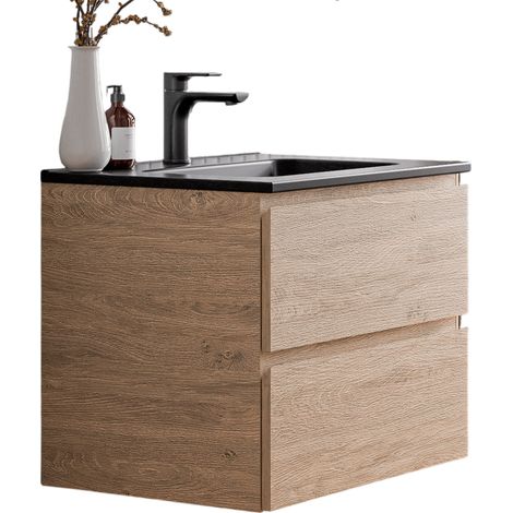 BERNSTEIN - Meuble vasque suspendu MDF Chêne miel, lavabos Noir mat + trou robinet trop plein & Bonde - 60x46x50cm - AVA (1/5)