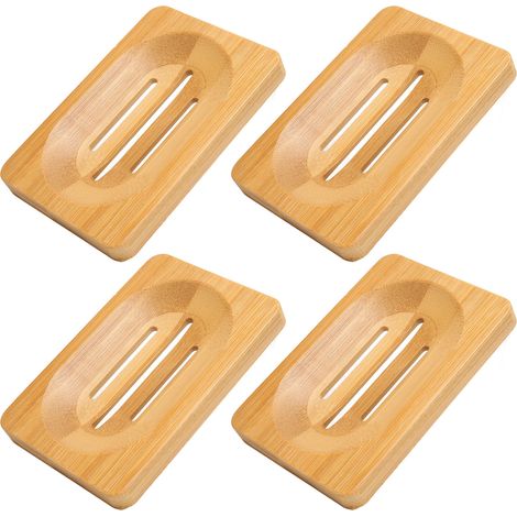 Lot de 4 porte-savons en bambou, accessoire élégant et tendance pour la maison, la salle de bain ou l'hôtel, avec système d'égouttage intégré. (1/5)