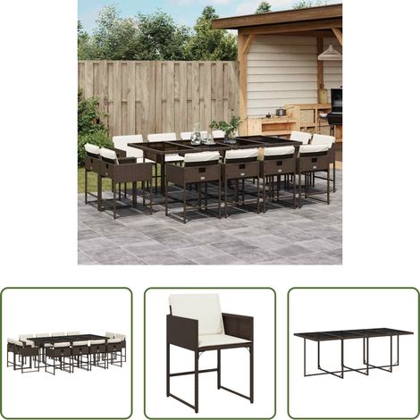 Gartentisch - 13-tlg. Garten-Essgruppe mit Kissen Braun Poly Rattan (1/5)