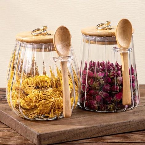Bocal de rangement en verre avec couvercle en bambou et joint en silicone, boîte à thé hermétique, bonbonnière, pour conserver le sucre, le thé, le café, les haricots (2 pièces) (1/4)