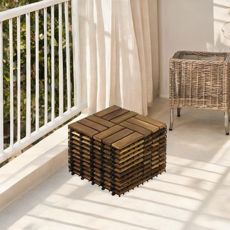 Dalles de sol en bois d'acacia jaune 32 pièces motif damier (1/5)