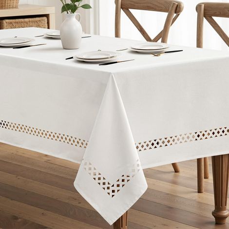Nappe Rectangulaire Blanc Aspect Lin Ourlet ajouré 140x260cm Imperméable