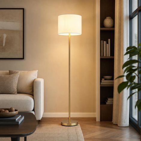 Stehleuchte Stehlampe Wohnzimmerlampe Fußschalter Messing Stoff weiß H 151 cm (1/5)