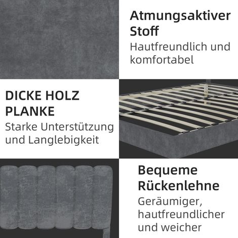 Lit rembourré moderne et minimaliste avec tête de lit souple, 140 x 200 cm, gris, meuble de chambre multifonctionnel, sommier bas (sans rangement), matelas non inclus. (1/5)
