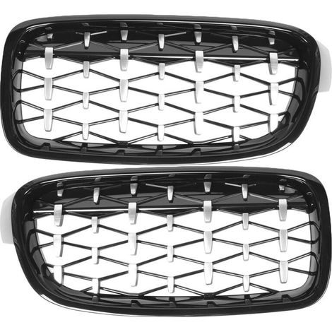 Frontstoßstange in Silber und Schwarz mit rautenförmiger Doppelniere und Renngrill, passend für BMW 3er F30, F31, 320i, 325i, 328i und 330i Modelle von 2012 bis 2018.