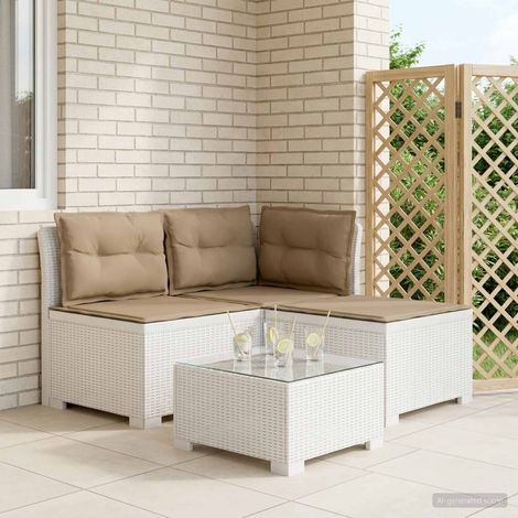 Canapé de Jardin Modulaire 3 Places Aspect Rotin en PP Blanc avec Coussins Taupe - PANGIVO (1/5)