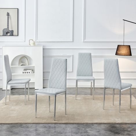 Ensemble de 4 chaises de salle à manger gris clair, similicuir matelassé à losanges, pieds métalliques, design moderne pour cuisine, séjour, café et bureau à domicile (1/5)