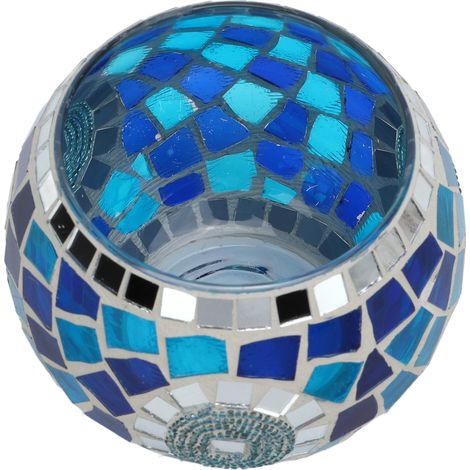 Bougeoir en verre mosaïque bleu-vert à motif en zigzag de style européen, décoration de mariage et accessoire pour demande en mariage. (1/5)