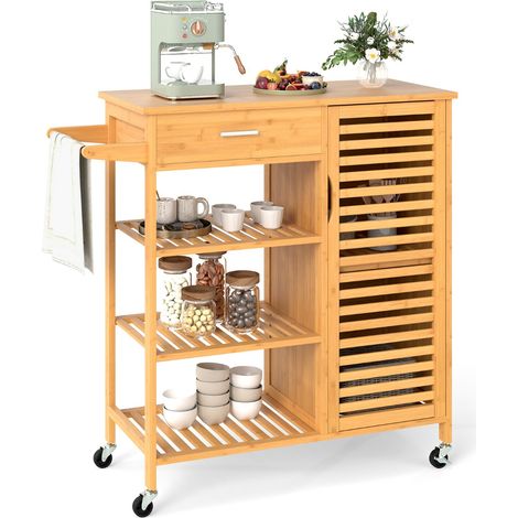 Carrello isola cucina in bambù con cassetto e 3 ripiani aperti, Tavolo cucina mobile per sala da pranzo Naturale (1/4)