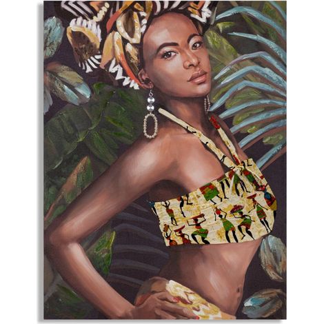Dipinto su tela Kelly B, figura femminile tropicale con top etnico