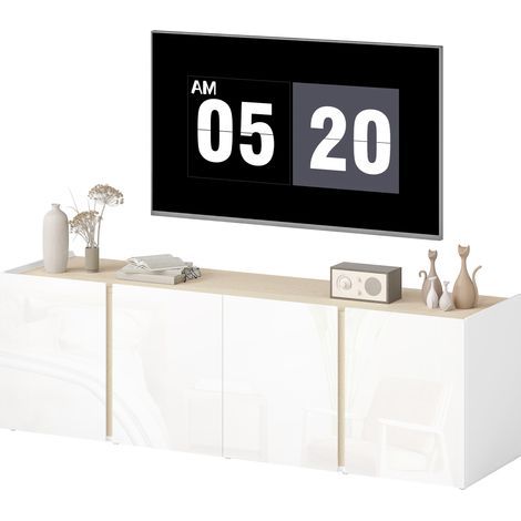 Meuble TV, banc TV avec 4 portes à fermeture amortie, étagère réglable et passe-câbles, 135 x 38 x 45 cm, blanc (1/5)