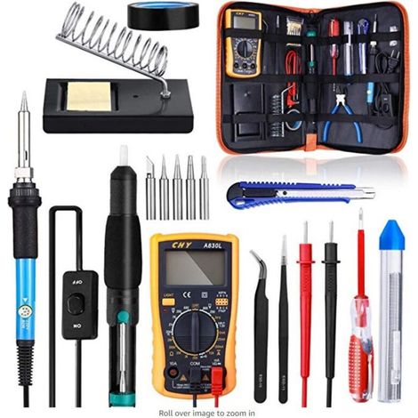 Soldering Iron Set 60W 220V Adjustable Temperature Soldering with On/Off Switch Multimeter Desoldering Pump 5 Soldering Tips for Various Repairs