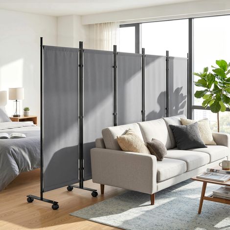 Paravent pliant 5 vantaux 252x170cm gris anthracite, séparation mobile en acier et polyester avec 12 galets et attaches de jonction