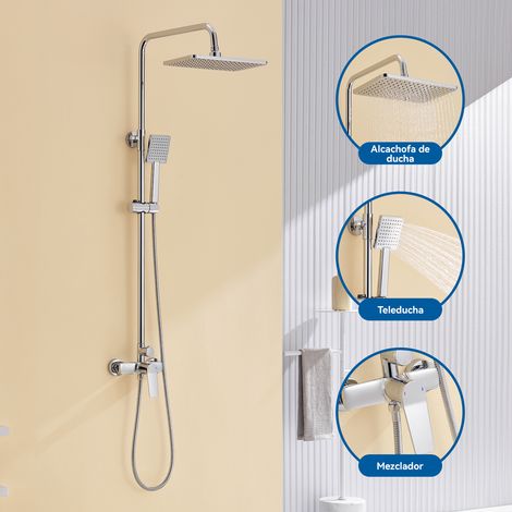 Auralum Columna de ducha mezclador, Conjunto de ducha Cuadrado, Set de ducha con Ducha de lluvia 29x19cm y teleducha, Altura ajustable después de instalación 90-124cm (1/5)