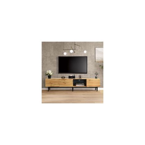 Tanant  Meuble TV en bois 175 cm avec éclairage LED  3 portes, cloison vitrée, charnières de sécurité  Rangement élégant pour intérieur naturel (1/4)