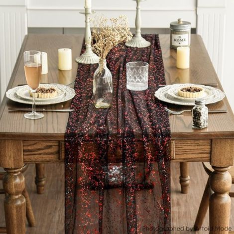 Runner da tavola in 2 pezzi, 70 x 300 cm, decorazione per la tavola con lamina d'oro, per cucina, festività, compleanni, matrimoni, nero e rosso (1/5)