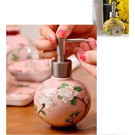 Distributeur de savon céramique fait main, flacon lotion peint style chinois bleu, pompe métal rechargeable, pour salle de bain, cuisine, douche (1/4)
