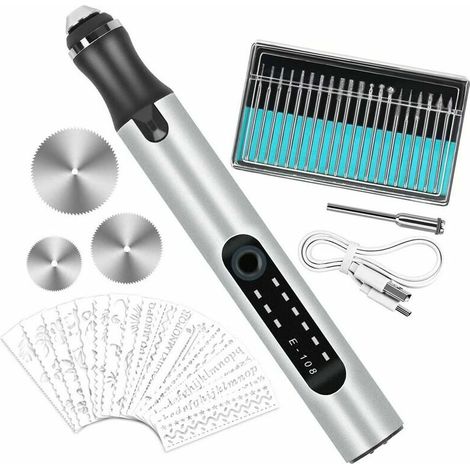 Stylo à gravure électrique multifonctionnel, outil de gravure mini - stylo à gravure rechargeable USB, avec 20 forets et 16 gabarits pour bricolage bijoux métal verre pierre plastique bois (1/3)