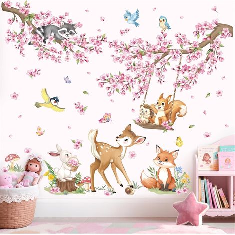 Sticker mural JeiibrZui Animaux de la forêt Fleurs de cerisier - 30 x 90 cm - 2 feuilles - Sticker mural rose pour chambre d'enfant (1/5)