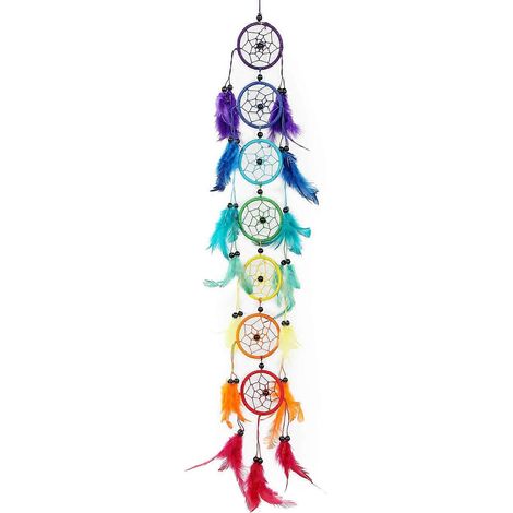 Attrape-rêves arc-en-ciel long, 7 chakras, ananas rose - Attrape-rêves indien fait main avec perles et plumes - Grand format : 6 cm de diamètre, 80-85 cm de longueur (1/5)