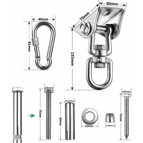 Set mit 4 Deckenhaken, 360° drehbar, Edelstahl 304, Tragkraft 500 kg, Wandbefestigungsset mit Karabinerhaken für Schaukel, Hängematte, Yoga, Boxsack (1/4)