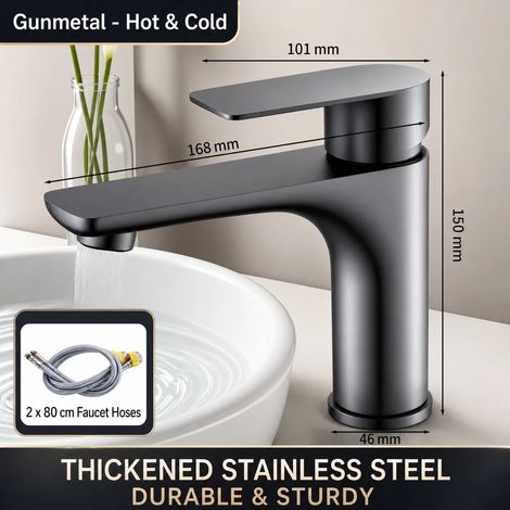 Robinet de lavabo (gris anthracite - mitigeur eau chaude/eau froide) en acier inoxydable, mitigeur monocommande, finition noir mat et argent. (1/5)