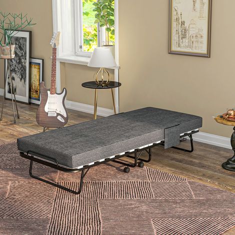 Lit pliant, matelas, 4 roues, cadre en métal, jusqu'à 150 kg, 190 x 80 x 42 cm, gris foncé