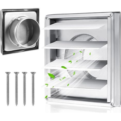 Grille de ventilation en acier inoxydable de 150 mm avec clapet antiretour, grille de protection contre les intempéries avec moustiquaire, lattes mobiles pour tube et couvercle, hotte d'extraction (1/5)