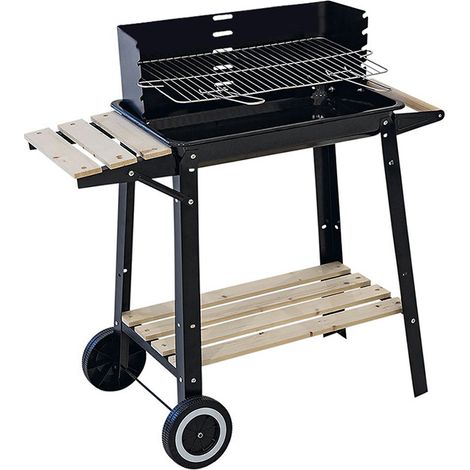 Barbeque a carbone in metallo con ruote mis. 53x33x85 cm con 2 ripiani in legno - Grill e carrello regolabile - BBQ Nero (1/5)