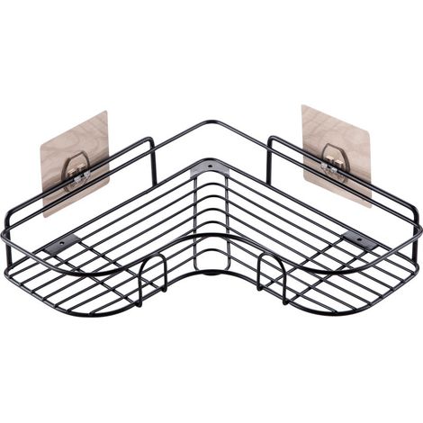 Douche, pas de perçage étagère murale de salle de bain en acier inoxydable cloison de douche d'angle avec raccords festonnés trépied noir 2 patchs transparents à double griffe (1/5)