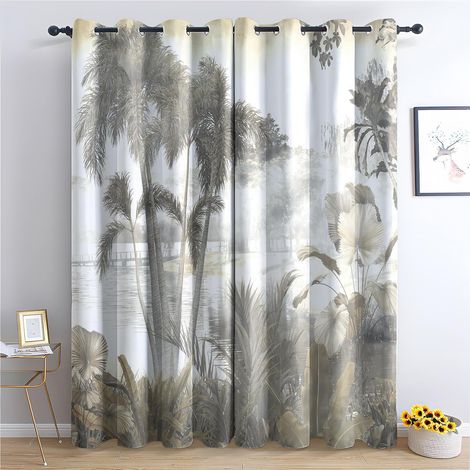 Rideau Occultant Palmier Tropical, Paysage De La Jungle Motif Rideaux Thermiques à Oeillets, Rideaux Imprimé pour Salon Chambre Fenetre Moderne Décoration, 140x160 cm (L x H), Lot de 2 - 140L X 160H c (1/5)