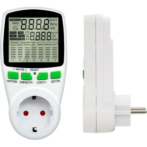 230V/16A Wattmeter – Stromverbrauchszähler – Steckdose zur Energiekostenkontrolle – Stromzählersteckdose mit großem LCD-Bildschirm
