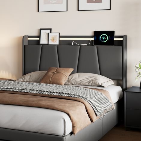 Superaly Lit Coffre Capitonné 160x200 cm, Rangement Barométrique, Lit Double avec 2 Tiroirs, Tête de Lit avec rangement, éclairage LED, avec port USB, Lit pour Adulte en Lin Rembourré, Gris foncé (1/5)