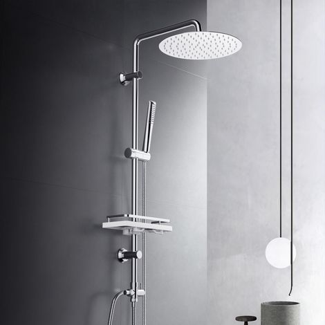 Colonne de douche sans robinetterie, acier inoxydable système de douche avec barre de douche réglable hauteur, pommeau pluie 25 cm et étagère, Chromée (1/5)
