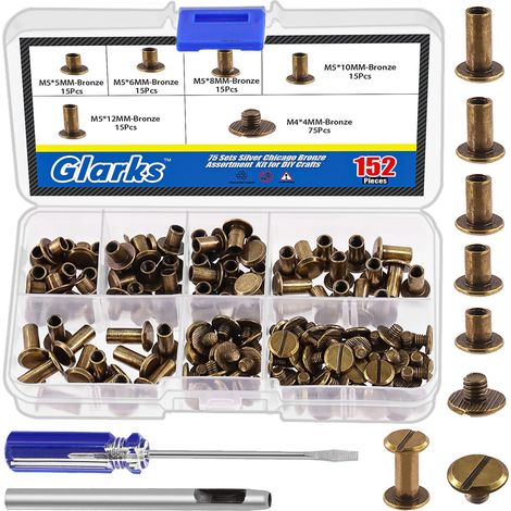 150 jeux de vis Chicago en bronze, kit varié, M5 x 5 mm, 6 mm, 8 mm, 10 mm, 12 mm, rivets Chicago et vis à tête plate 4x4 mm, vis à clou Chicago, vis à bouton Chicago pour poteaux, accessoires (1/5)