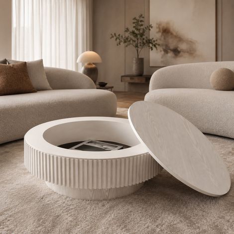 Runder Couchtisch 75 cm mit Stauraum aus MDF und Holz in Retro-Weiß (1/5)