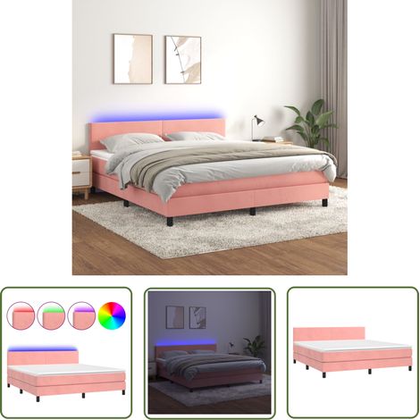 The Living Store Sommier à lattes de lit avec matelas LED Rose 160x200cm Velours - Lit Plateforme - Lit Design - Lit Capitonné - Lit Velours - Tête De Lit Ajustable (1/5)