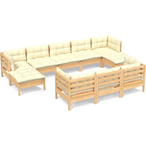 The Living Store 10-tlg. Garten-Lounge-Set mit Creme Kissen Massivholz Kiefer - Gartengeräte - Gartenmöbel - Lounge Set - Esstisch - Outdoor Möbel (1/5)