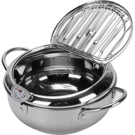 304 acier inoxydable casserole à frire polyvalente à économie d'huile à paroi épaisse avec thermomètre couvercle et égouttoir à huile pour cuisine 24 cm (1/5)