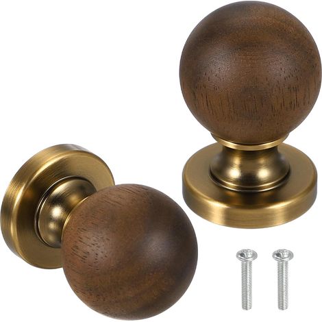 Lot de 2 boutons d'armoire en bois de 2,54 cm, ronds à trou unique en noyer avec base en cuivre pour meubles, placard, commode, cuivre marron, 3,8 cm (1/5)