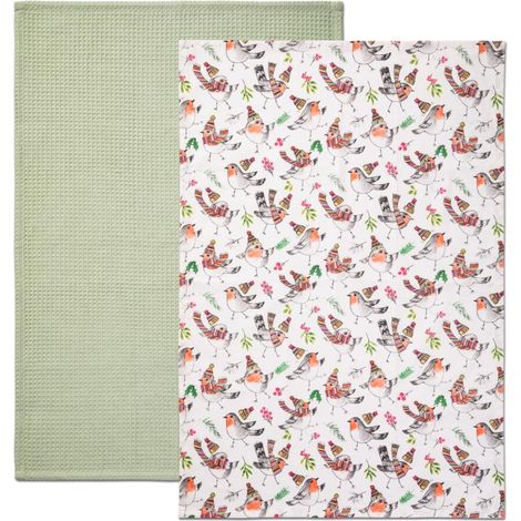 Mikasa tipperleyhill tea towels, set of 2, 100% cotton, christmas robin themed collection