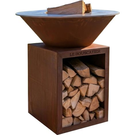 Lou Bouscarian rond ⌀ 74cm - Brasero plancha rond en acier corten avec rangement bûches - grille et stop food inclus