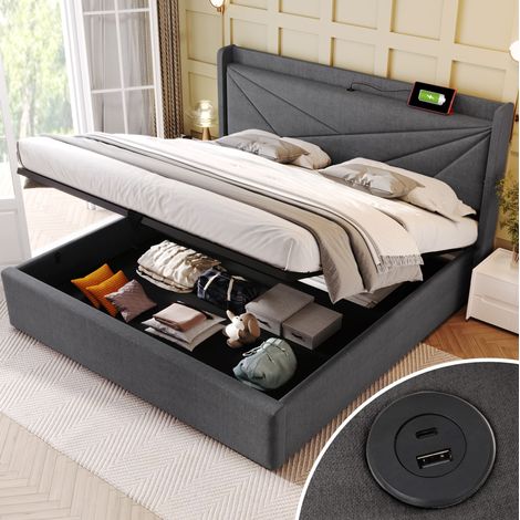 Cama doble tapizada con almacenaje USB Tipo C gris OKMYHOME (1/5)
