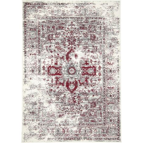 Tapis salon 200 x 290 cm, motif oriental vintage ornements délicats, crème et rouge, tissé avec finesse, élégant et intemporel pour intérieur raffiné