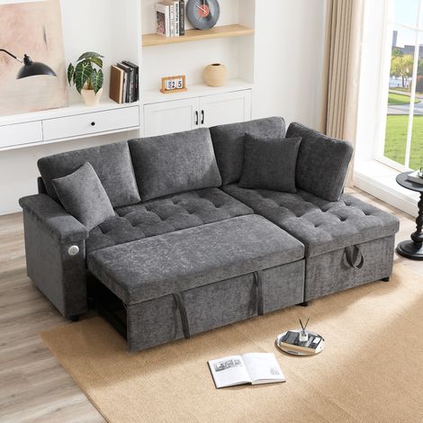 Canapé d'angle 3 places avec rangement, USB et porte-gobelet en chenille gris foncé (1/5)