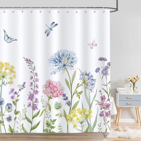 Rideau de douche à motif floral printanier et papillons colorés, en polyester, anti-moisissure, imperméable et lavable, 180 x 180 cm. (1/5)