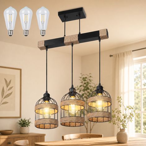 HEMVOR Suspension 3 lumières E27 en rotin et fer, hauteur de câble réglable, style bohème rétro, lumière blanc chaud, marron (1/5)