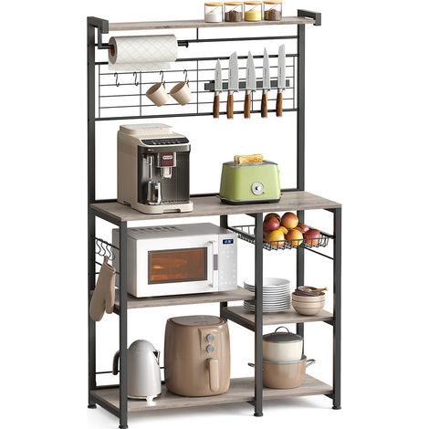 VASAGLE Étagère de Cuisine, Meuble de Rangement, Îlot de Cuisine avec Support Magnétique pour Couteaux, Panier Métallique, Support pour Essuie-tout, 12 Crochets, Grège (1/5)