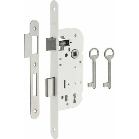Serrure encastrable à clé pour porte de chambre – Entr'axe 70mm – Mécanisme 1 ou 2 tours – Gâche plate en acier – Finition époxy blanc (1/3)